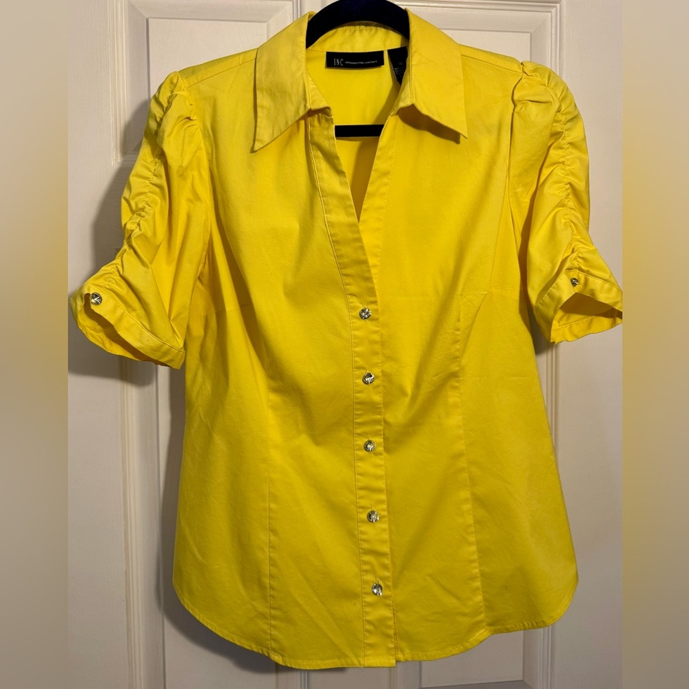 INC International Concepts Bright Yellow Button Down Scrunched 1/2 Sleeve Top